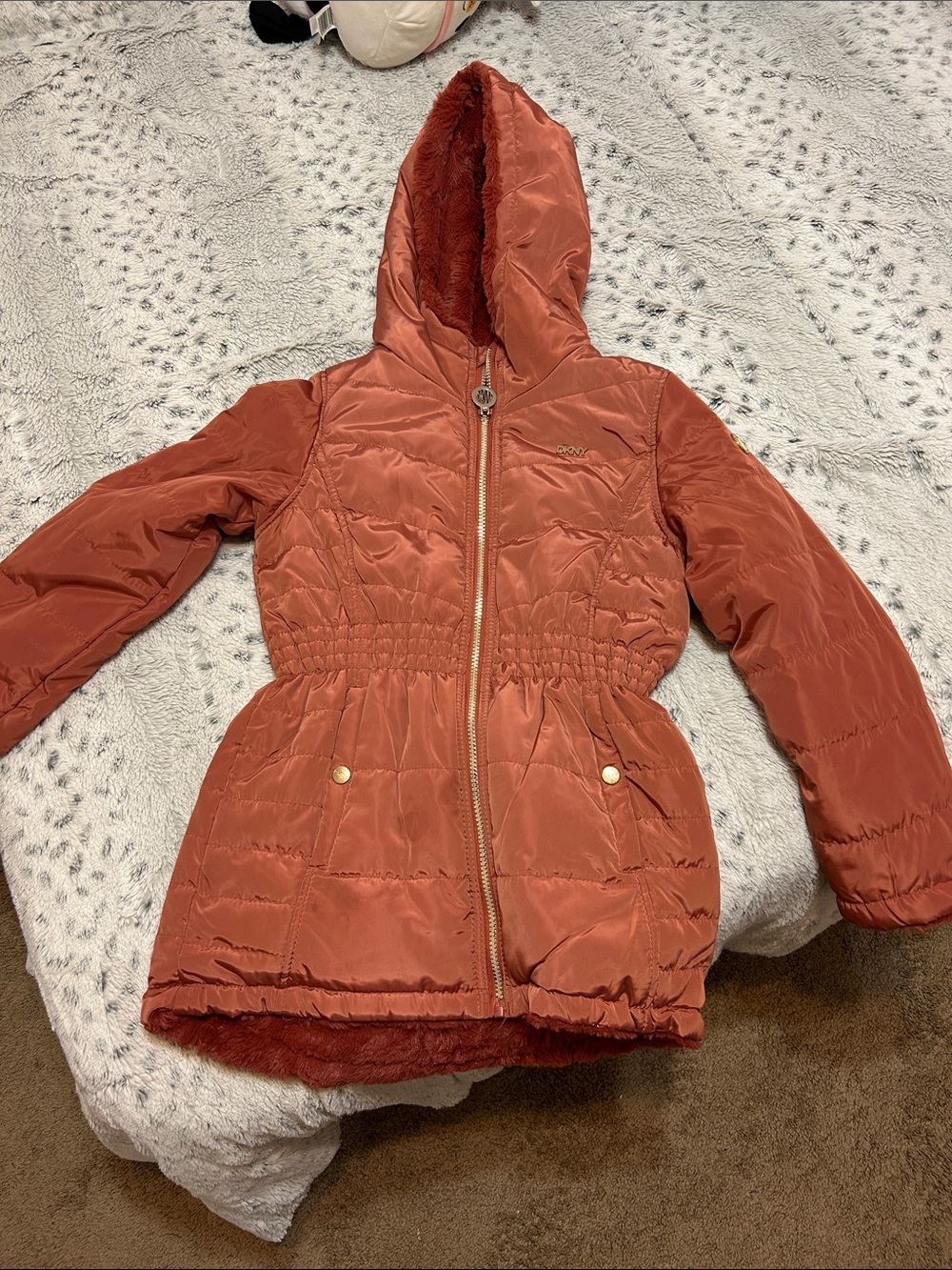 DKNY Girls Rust Orange Hooded Puffer Coat